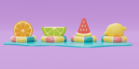 Colorful inflatable ring with orange,lemon and watermelon on purple background, Summer time concept, 3d rendering.
