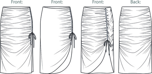 Vector midi skirt with gathering detail fashion CAD, woman jersey or woven fabric  smocked long skirt with side slit technical drawing, flat, sketch, template, mock up. Front back view, white color