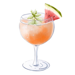 Watermelon martini cocktail watercolor illustrstion with mint in a cocktail glass isolated on white background