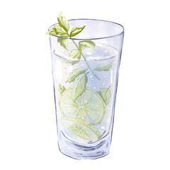 Mojito cocktail watercolor illustrstion with lime and mint in a highball glass isolated on white background