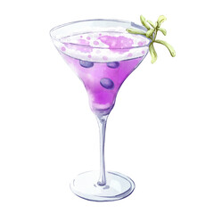 Blueberry daiquiri cocktail watercolor illustrstion in a martini glass isolated on white background