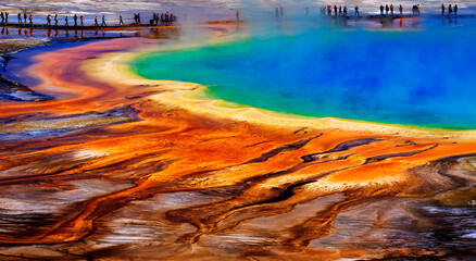 Grand Prismatic Spring Yellowstone National Park Tourists Viewing Spectacular Scene