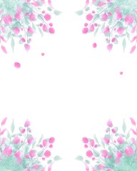 Pink watrcolor background with flowers frame.