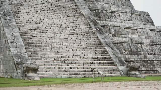 Close up of historical Chichen Itza pyramid stone steps in Yucatan, Mexico.  4K