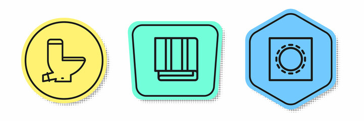 Set line Toilet bowl, Towel stack and Condom in package safe sex. Colored shapes. Vector