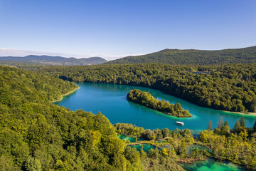 Fototapeta na wymiar Aerial view on Plitvice Lakes with forest at summer day in Croatia, Europe