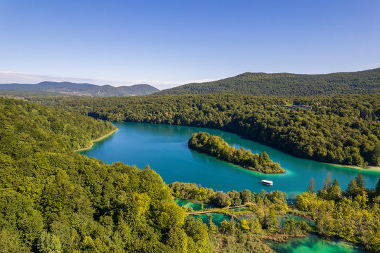 Aerial view on Plitvice Lakes with forest at summer day in Croatia, Europe