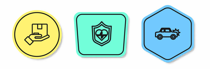 Set line Delivery insurance, Life with shield and Car. Colored shapes. Vector