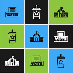 Set line Vote box, United States Capitol Congress and Paper glass with straw icon. Vector