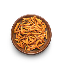 Roasted baby carrots with salt and rosemary isolated on white background.