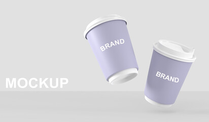 3D Purple coffee cups with closed lids. Mockup packaging design for branding. Blank plastic or paper mugs for takeaway hot drinks, disposable tea cups isolated on white background, 3d render set