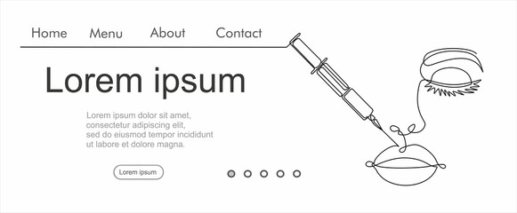 Continuous line beauty surgery concept. One line female portrait. One line syringe, lip filters
