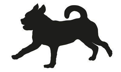 Running petit brabancon puppy. Black dog silhouette. Pet animals. Isolated on a white background.