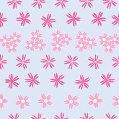 Vector blue background white pink cherry tree flowers and cherry blossom sakura flowers. Seamless pattern background