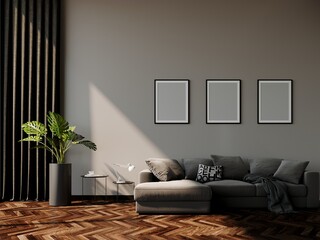 brown sofa in grey room,3d rendering