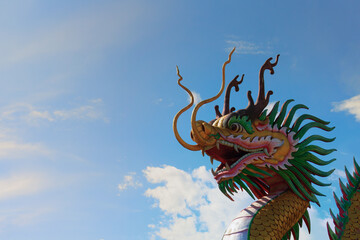 Fototapeta premium Close-up Chinese dragon on blue sky background.