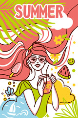 Pretty girl is drinking a cool drink on a sunny beach. Summer vacation. Vector illustration.
