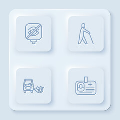 Set line Blindness, human holding stick, Disabled car and Identification badge. White square button. Vector