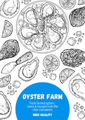 Oysters and oysters dish with lemon and ice sketch. Hand drawn vector illustration. Top view. Design template. Food menu.