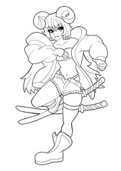 A cute satyr girl drawn in the style of Japanese manga comics. She has curled horns, long hair, a puffy green jacket, short shorts, two katanas on her back. outline drawing 