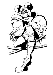 A cute satyr girl drawn in the style of Japanese manga comics. She has curled horns, long hair, a puffy green jacket, short shorts, two katanas on her back. outline drawing whith shadows
