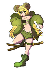 Cute satyr girl drawn in anime style. She has twisted horns, blond hair, a puffed-up green jacket, short light green shorts, two katanas on her back. - obrazy, fototapety, plakaty