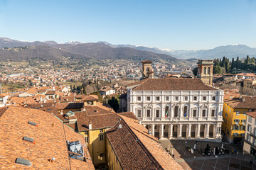 Fototapeta na wymiar The main square of Bergamo Alta with the beautiful Palazzo Nuovo