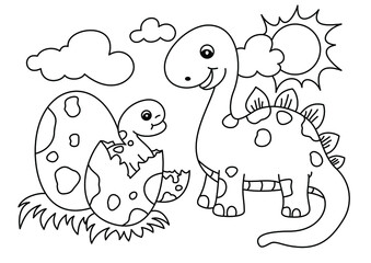 dinosaurs and kids cartoon cute coloring page for kids vector