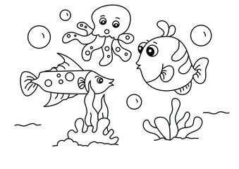fish and octopus in the sea cartoon cute coloring page for kids vector