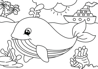 Obraz premium whale and ship cartoon cute coloring page for kids vector