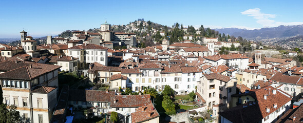 Fototapeta na wymiar Extra wide aerial view of Bergamo Alta from the Tower of Campanone