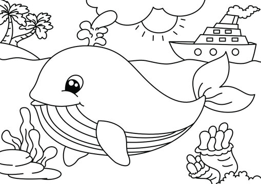 whale and ship cartoon cute coloring page for kids vector