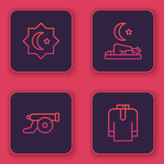 Set line Octagonal star, Ramadan cannon, Muslim man prays and Shirt kurta. Blue square button. Vector