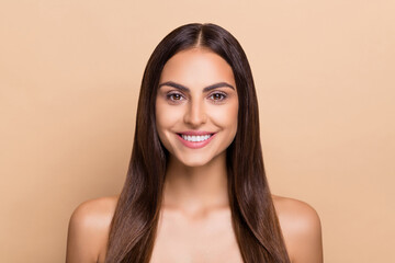 Portrait of smiling attractive lady look in camera enjoy silky skin procedure isolated pastel color background