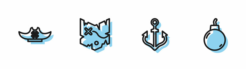 Set line Anchor, Pirate hat, treasure map and Bomb ready to explode icon. Vector