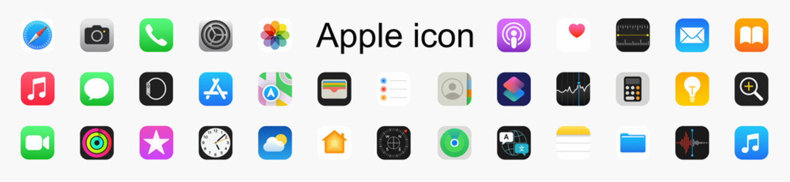 Apple set icon apps. Apple mockup. Iphone display app. Popular apps. Safari. Editorial vector illustration.