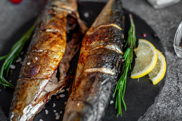 baked mackerel on stone background 