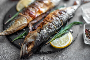 baked mackerel on stone background 