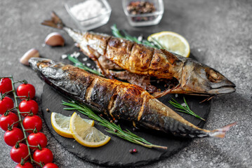 baked mackerel on stone background 