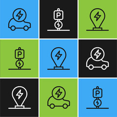 Set line Electric car, Charging parking electric and icon. Vector