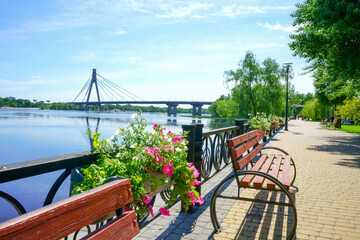 Spring park on the banks of the Dnieper river, Obolon district, Kyiv, Ukraine