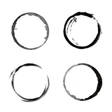 Coffee cup circle black vector stains. Round ring grunge stain. Wet cup mark and splatter. Black ink circle stains. Bottle glass or water drink marks