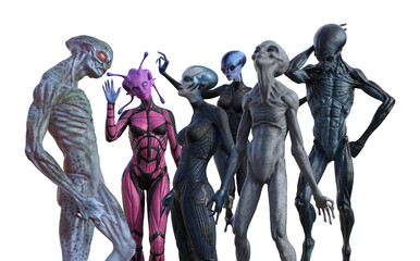 Illustration of a group of six unique aliens in different poses on a white background.