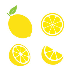 Lemon cut slices vector set. Whole, half and slice chopped lemon fruit flat collection. Citrus elements group. Illustration isolated on white background.