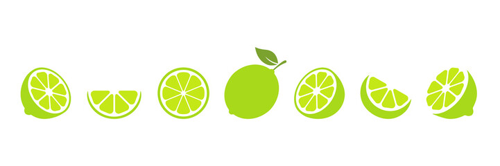 Lime cut slices vector set. Whole, half and slice chopped lime fruit flat collection. Citrus elements group. Illustration isolated on white background.