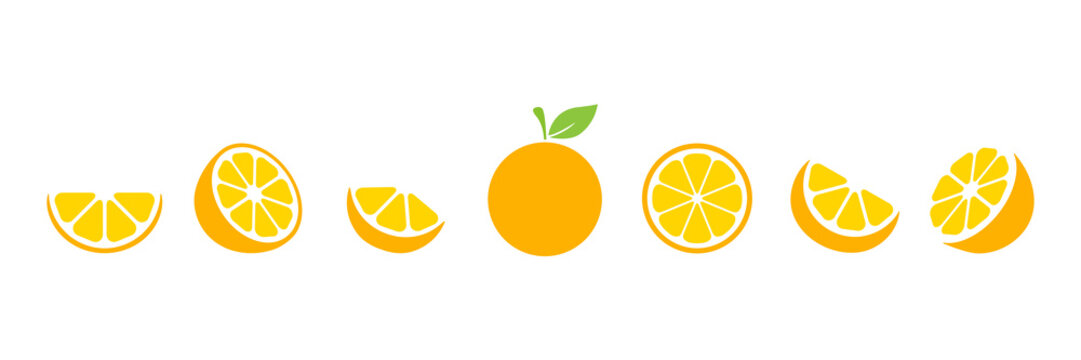 Orange slices set. Whole, half and slice chopped orange fruit. Vector illustration isolated on white background.