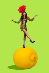 Creative retro 3d magazine collage of funny girl standing huge citrus wear dress flower head isolated green color background