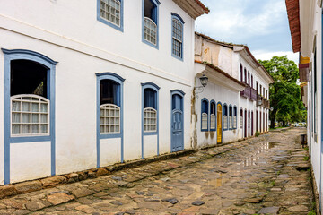 Quiet streets with old colonial-style houses and cobblestones in the historic city of Paraty on the south coast of the state of Rio de Janeiro, Brazil