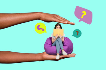 Creative collage illustration of huge hands hold studying person sit bean bag read book questioned