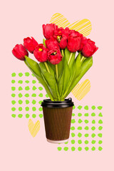 Vertical collage image of bouquet fresh tulips flowers coffee cup instead vase isolated on creative background